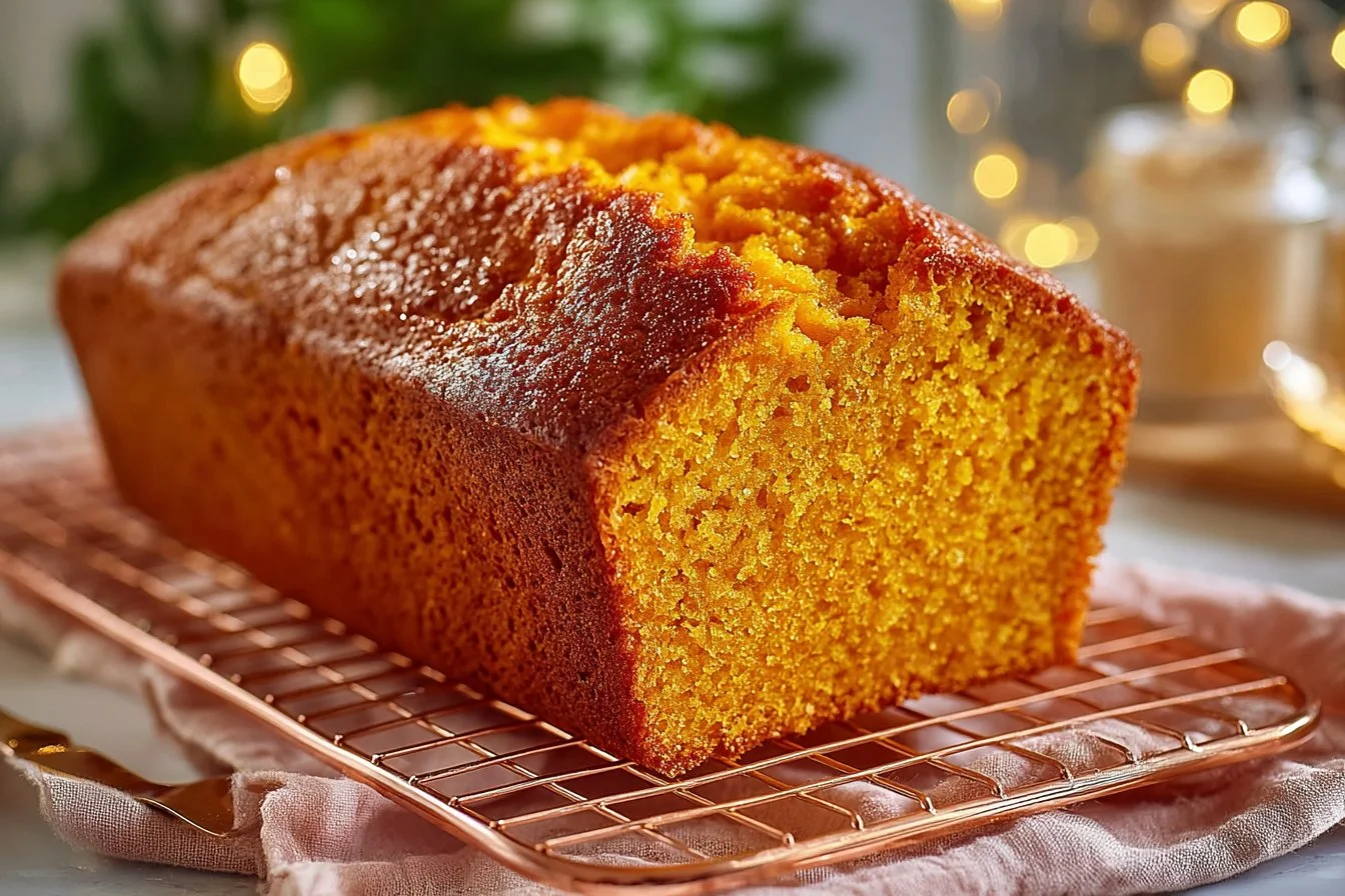 Freshly baked rich and buttery pumpkin bread cooling on a rack