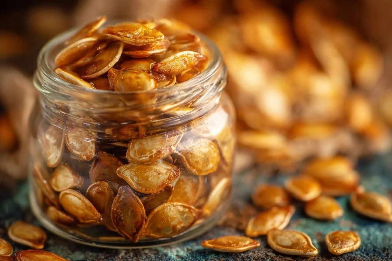 Bowl of roasted pumpkin seeds ready to eat