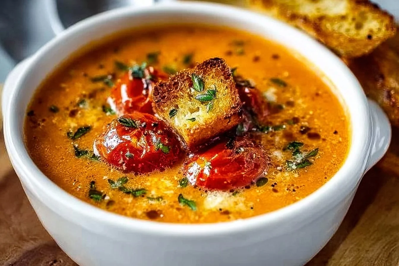 Delicious bowl of roasted tomato basil soup garnished with fresh basil leaves