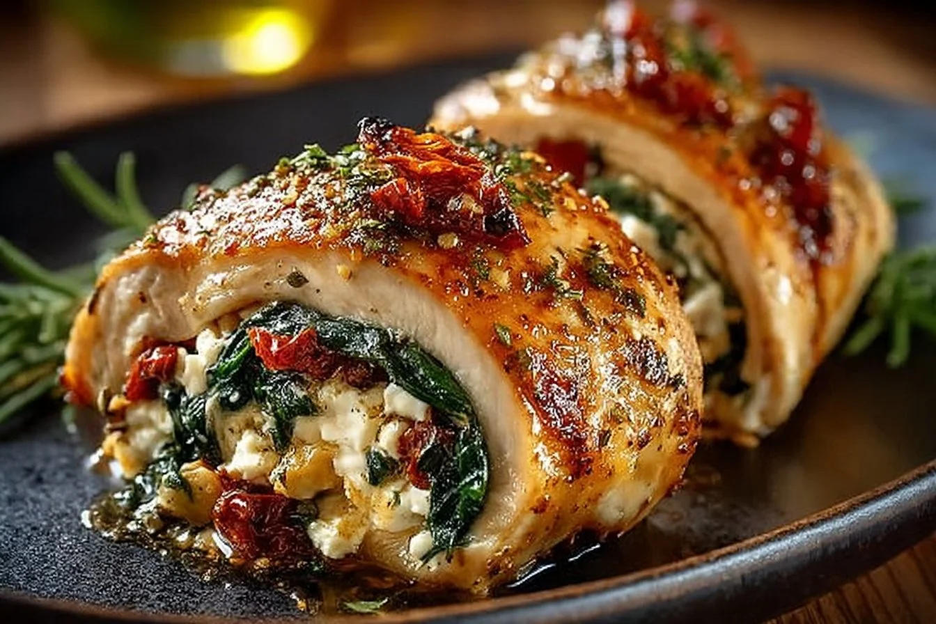Rolled Chicken with Feta and Spinach on a plate, garnished with herbs.