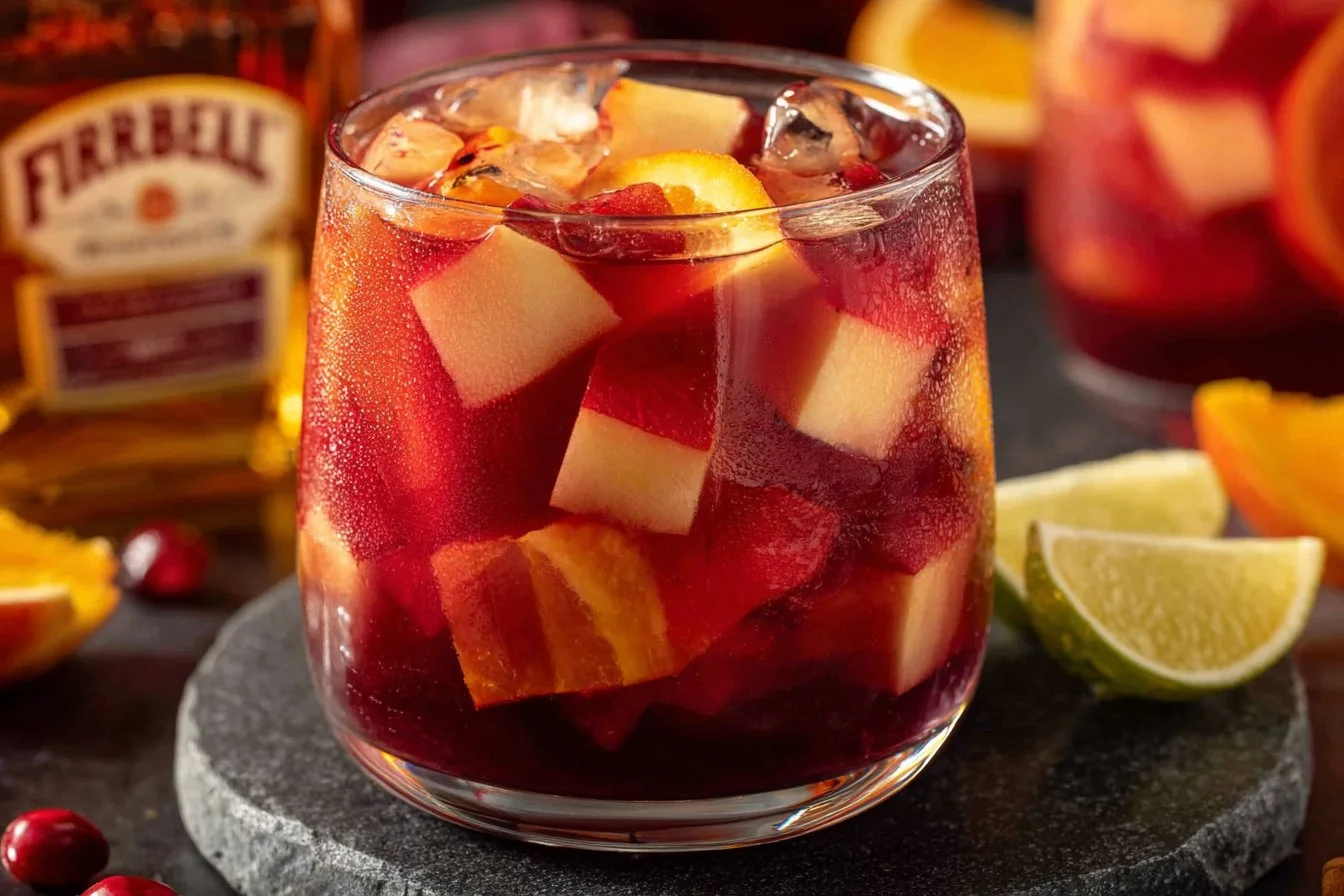 Refreshing sangria cocktail with Fireball whiskey and fruit garnishes
