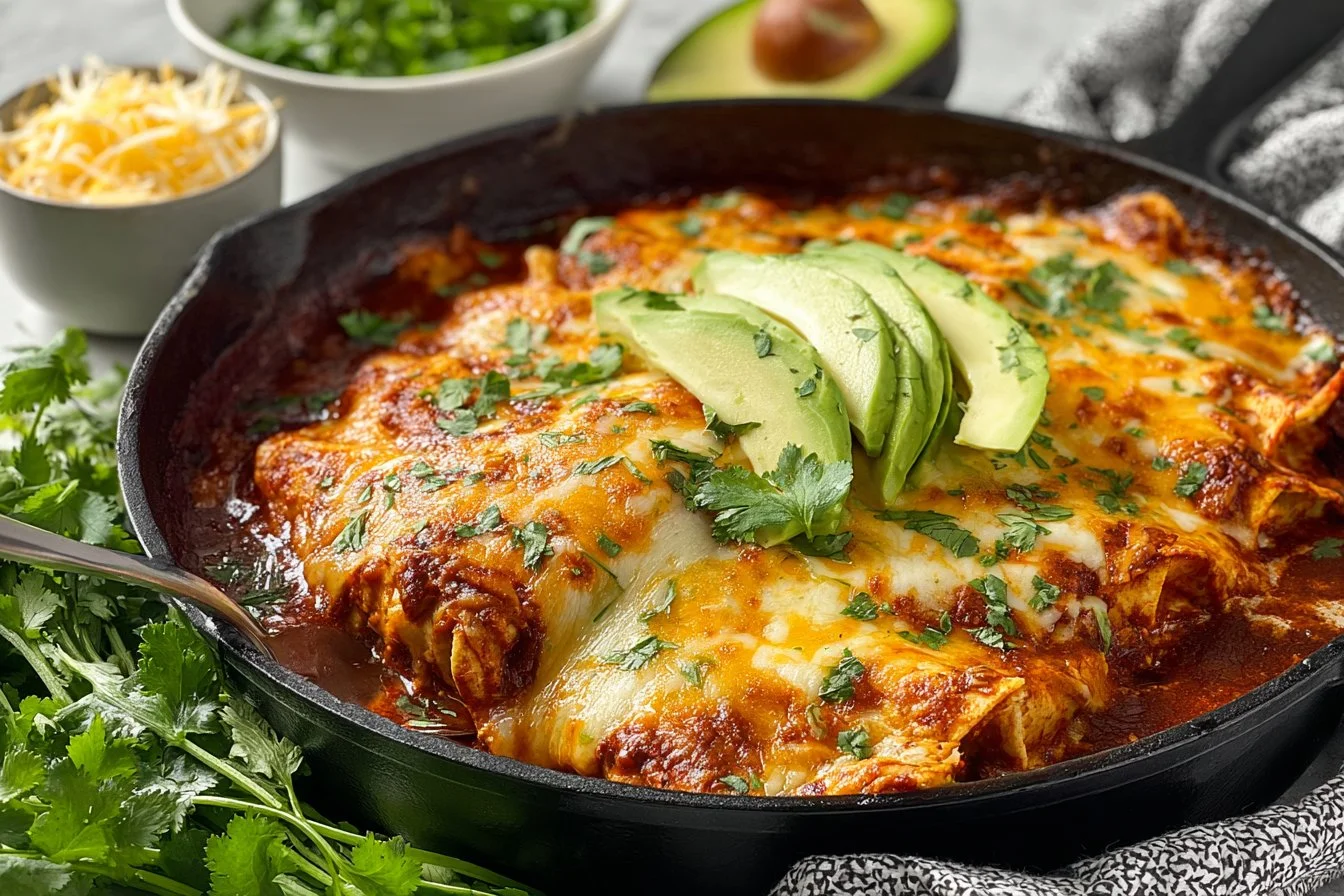 Delicious skillet enchiladas topped with cheese and fresh herbs in a skillet