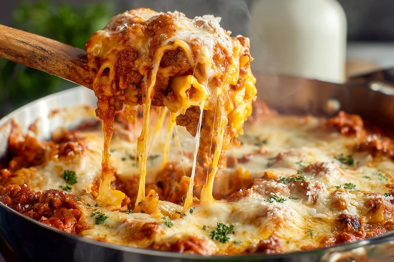 Delicious homemade skillet lasagna topped with melted cheese and fresh herbs