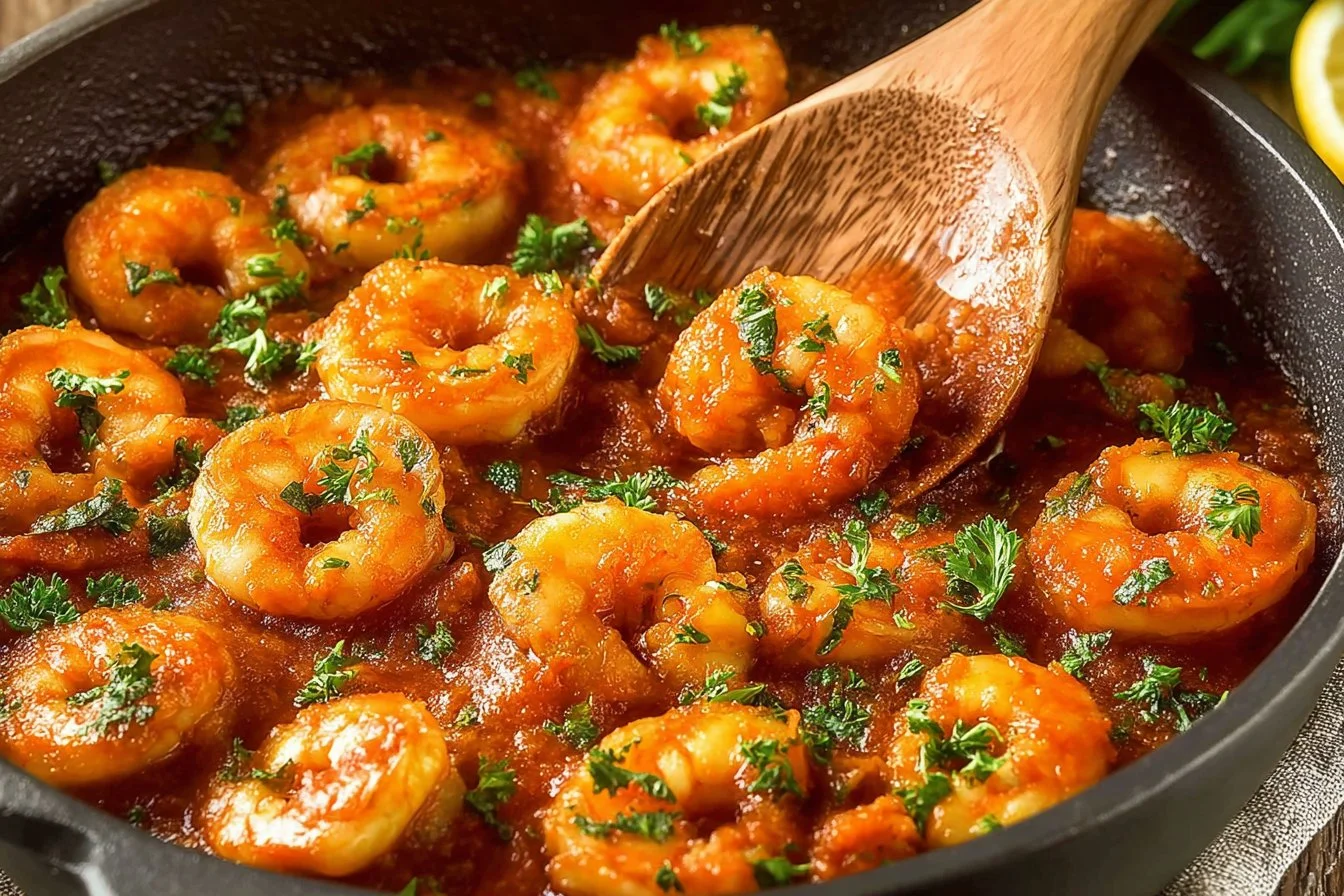 Plate of spicy garlic shrimp garnished with herbs