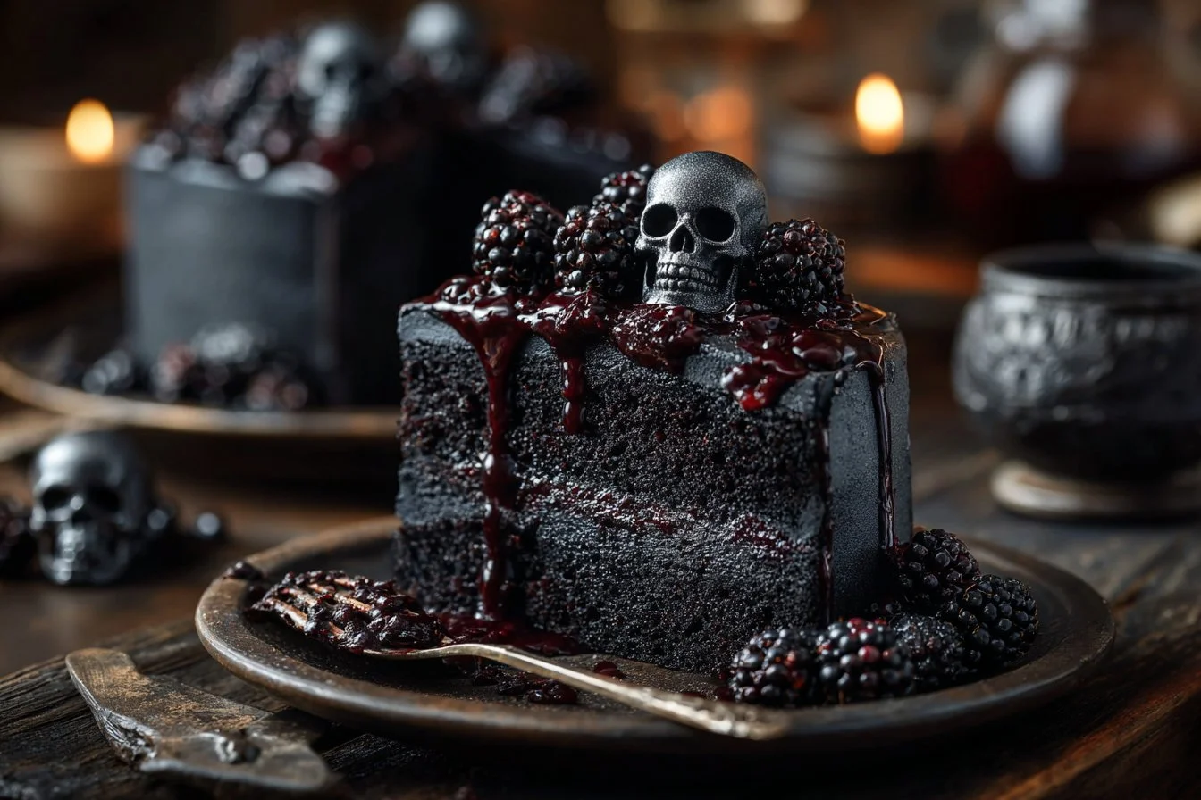 Spooky black velvet Halloween cake decorated with eerie accents.