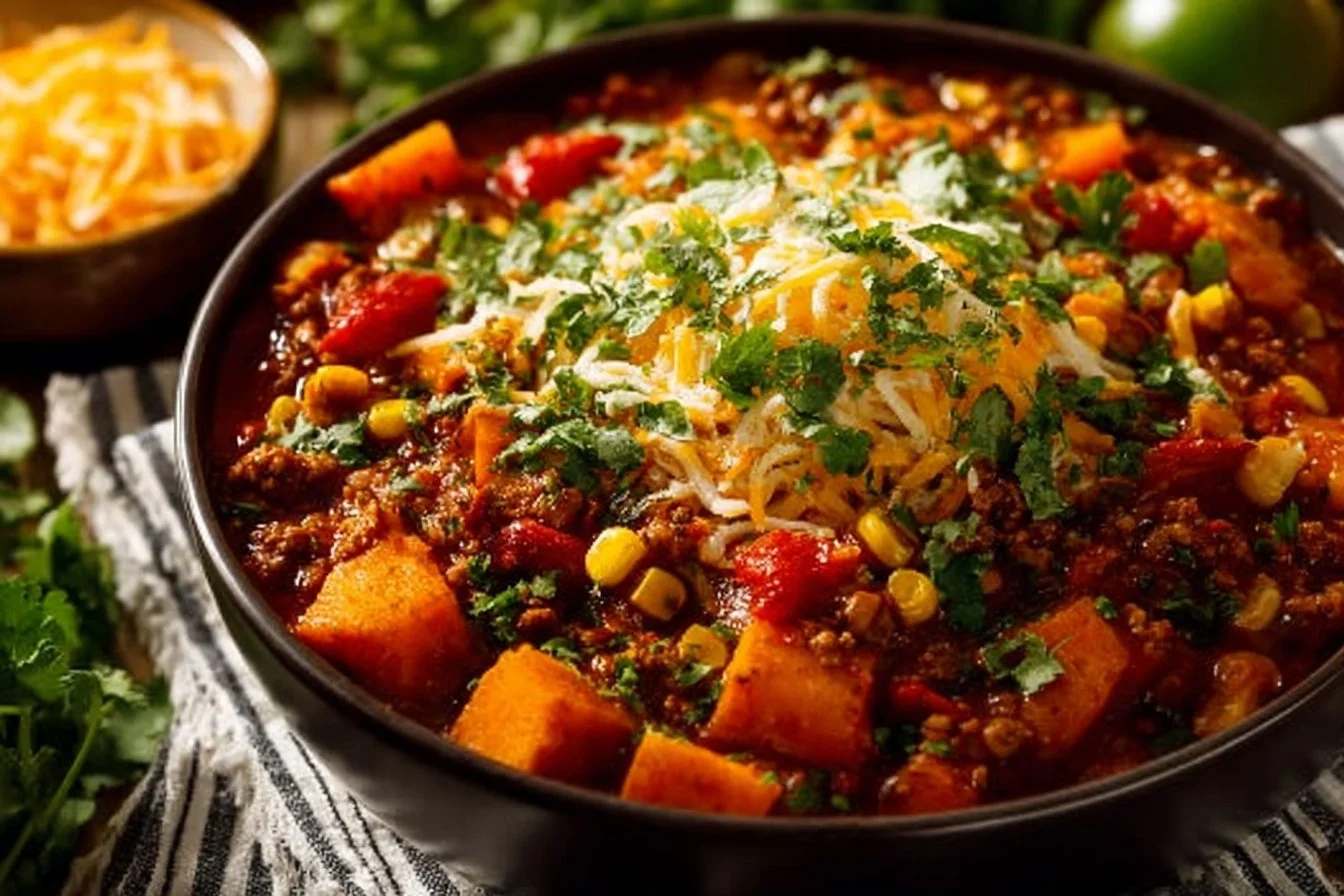 Bowl of Sweet Potato Turkey Chili with vibrant colors and garnishes