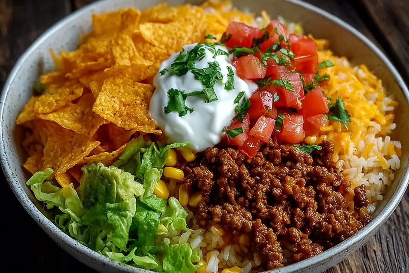 Delicious Taco Rice Bowl with toppings and fresh ingredients