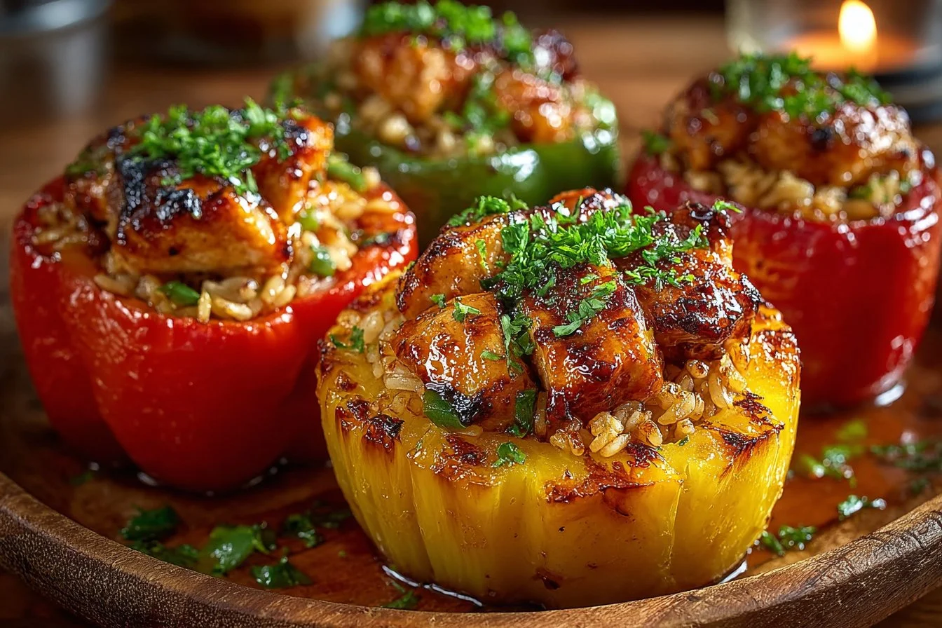 Teriyaki Pineapple Chicken Rice Stuffed Peppers garnished with fresh herbs