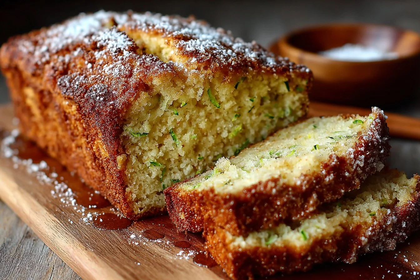 Homemade snickerdoodle zucchini bread sliced on a wooden board