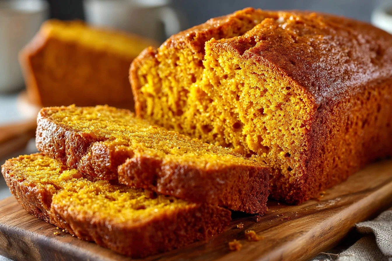 Loaf of vanilla pudding pumpkin bread with spices and autumn decor