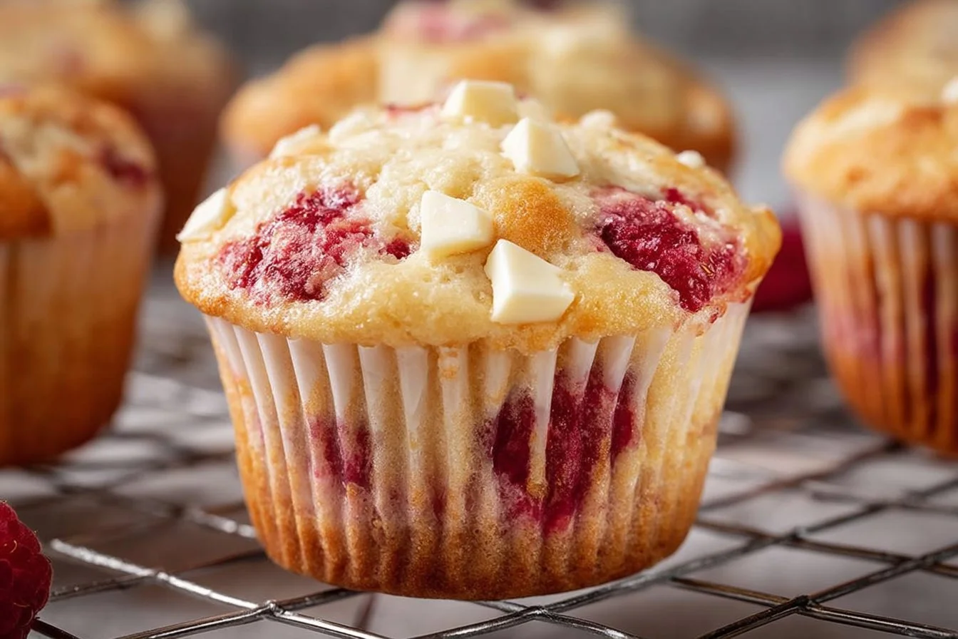 Freshly baked white chocolate and raspberry muffins topped with chocolate chips