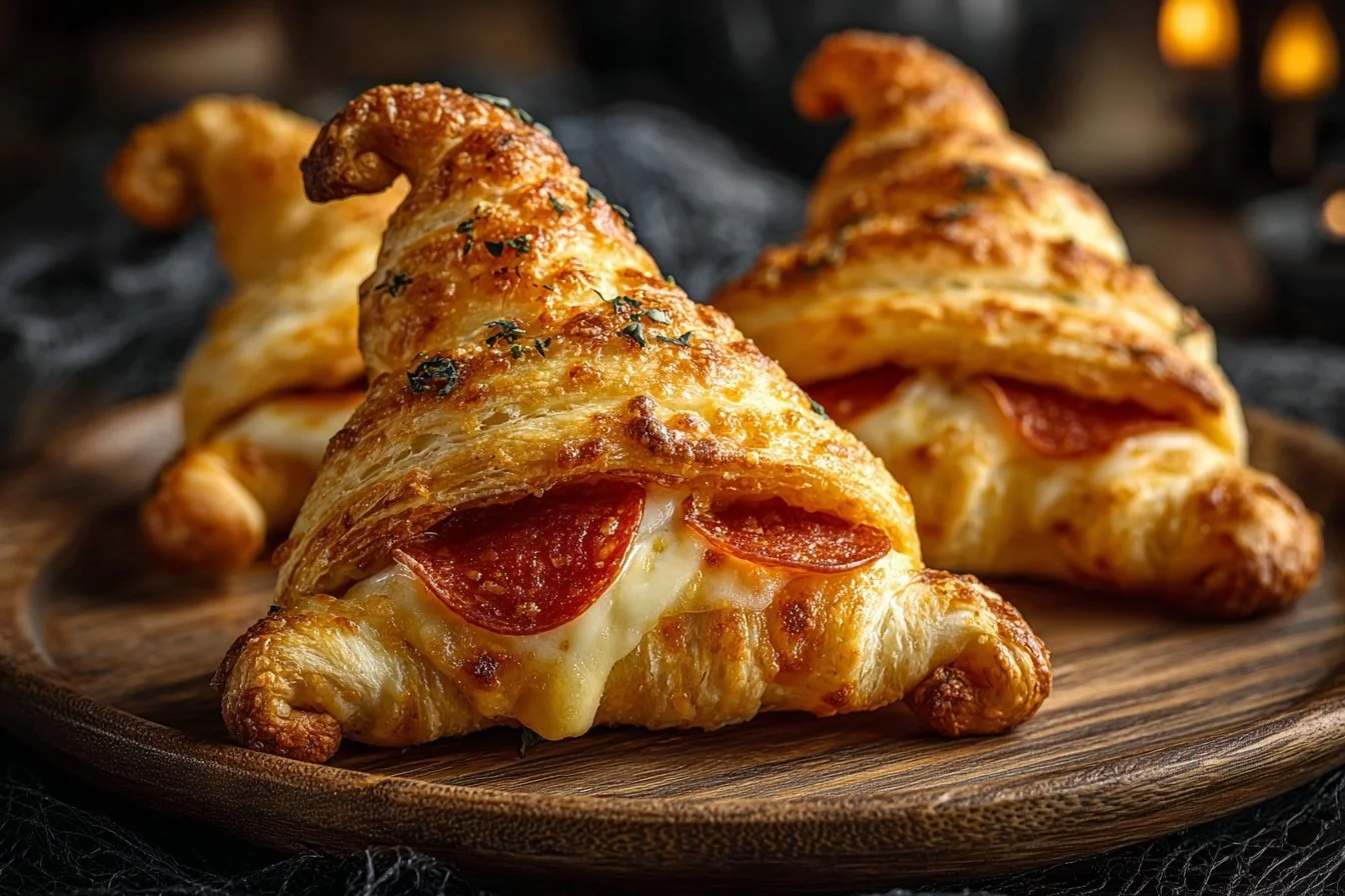 Halloween themed Witch Hat Crescent Rolls made from crescent rolls.