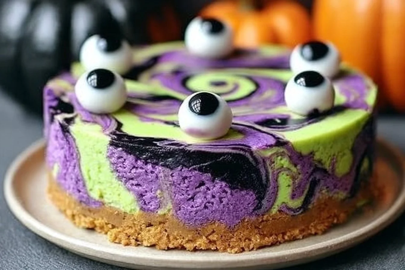 Witches' Brew Swirl Cheesecake with spooky decorations and vibrant colors