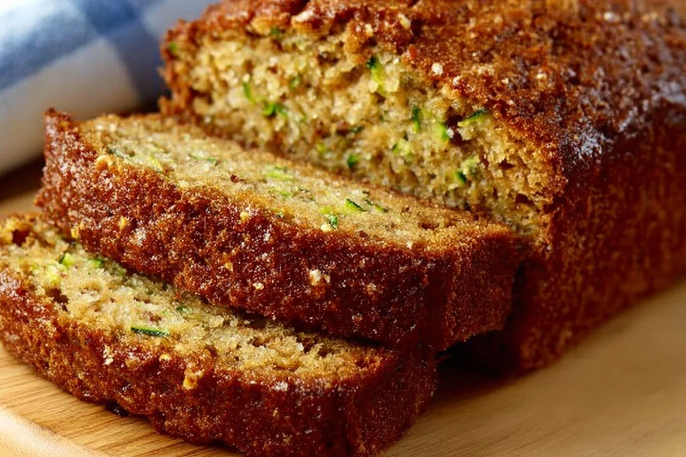 Freshly baked zucchini bread with slices on a cutting board