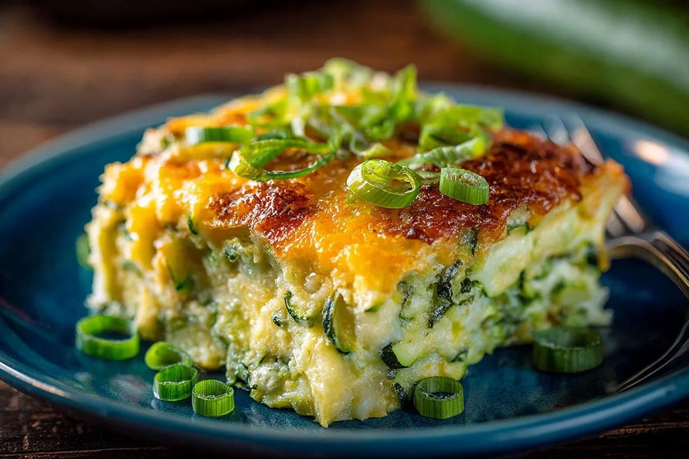 Delicious zucchini casserole topped with cheese and fresh herbs