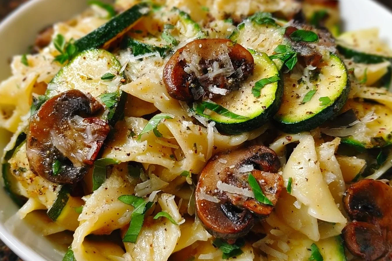 Delicious Zucchini Mushroom Pasta served with fresh herbs and parmesan cheese.