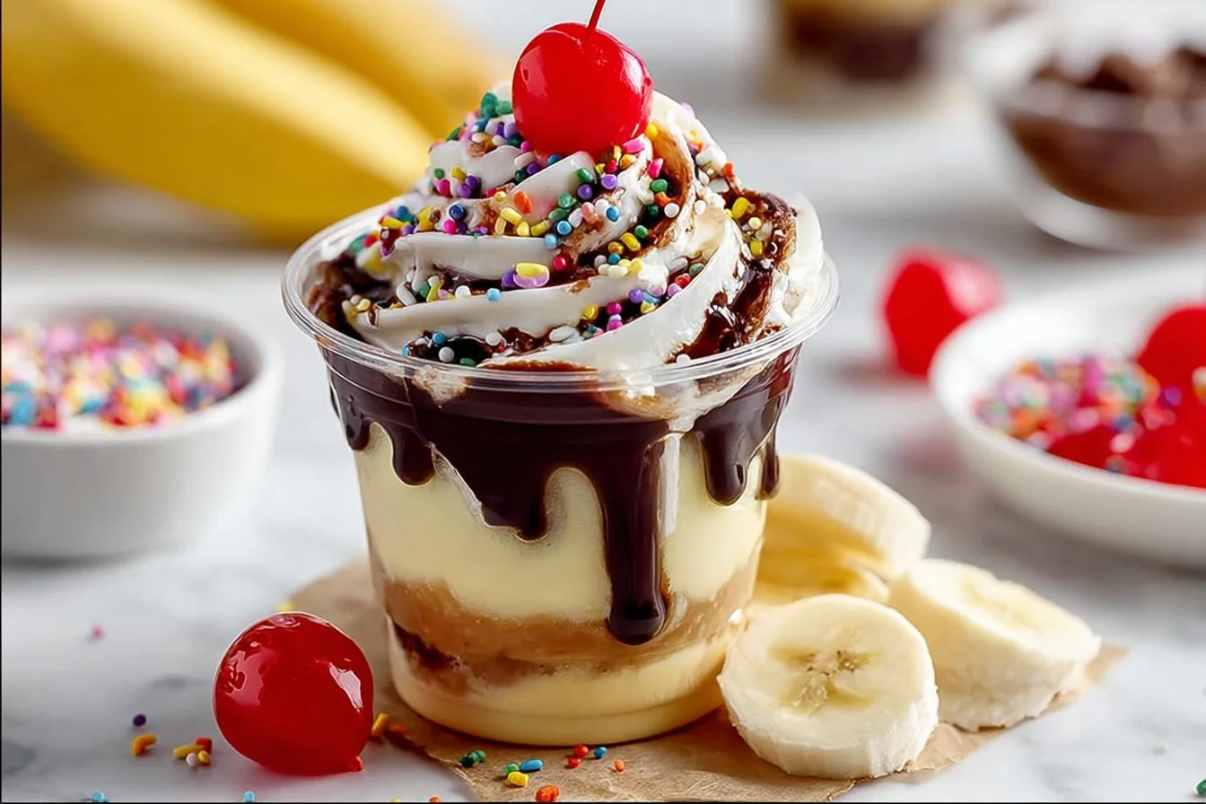 Colorful banana split Jello shots served in cups with toppings.