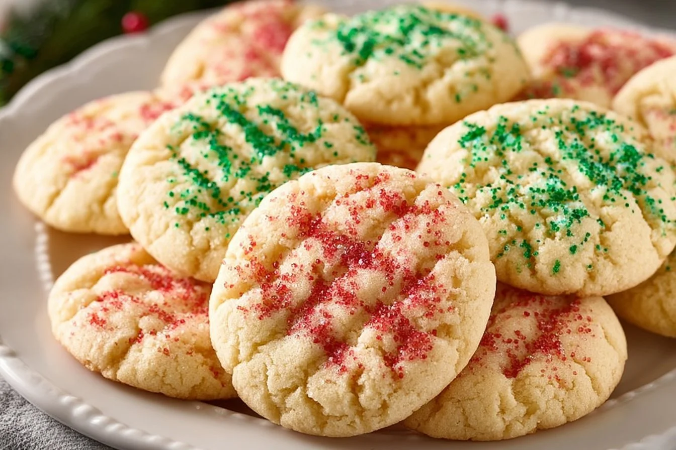 Decorated Christmas sugar cookies on a festive platter