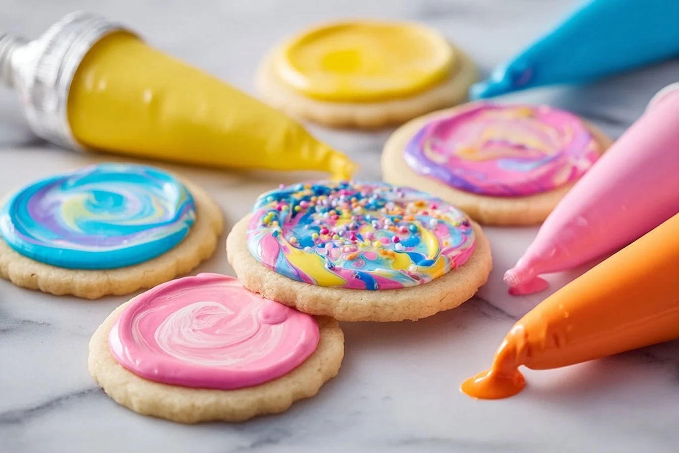 Colorful sugar cookie icing on freshly baked cookies