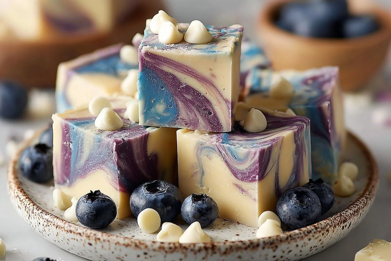 Delicious homemade blueberry fudge on a white plate.