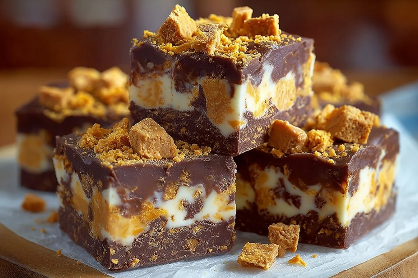 Delicious homemade Butterfinger fudge topped with chunks of Butterfinger candy.