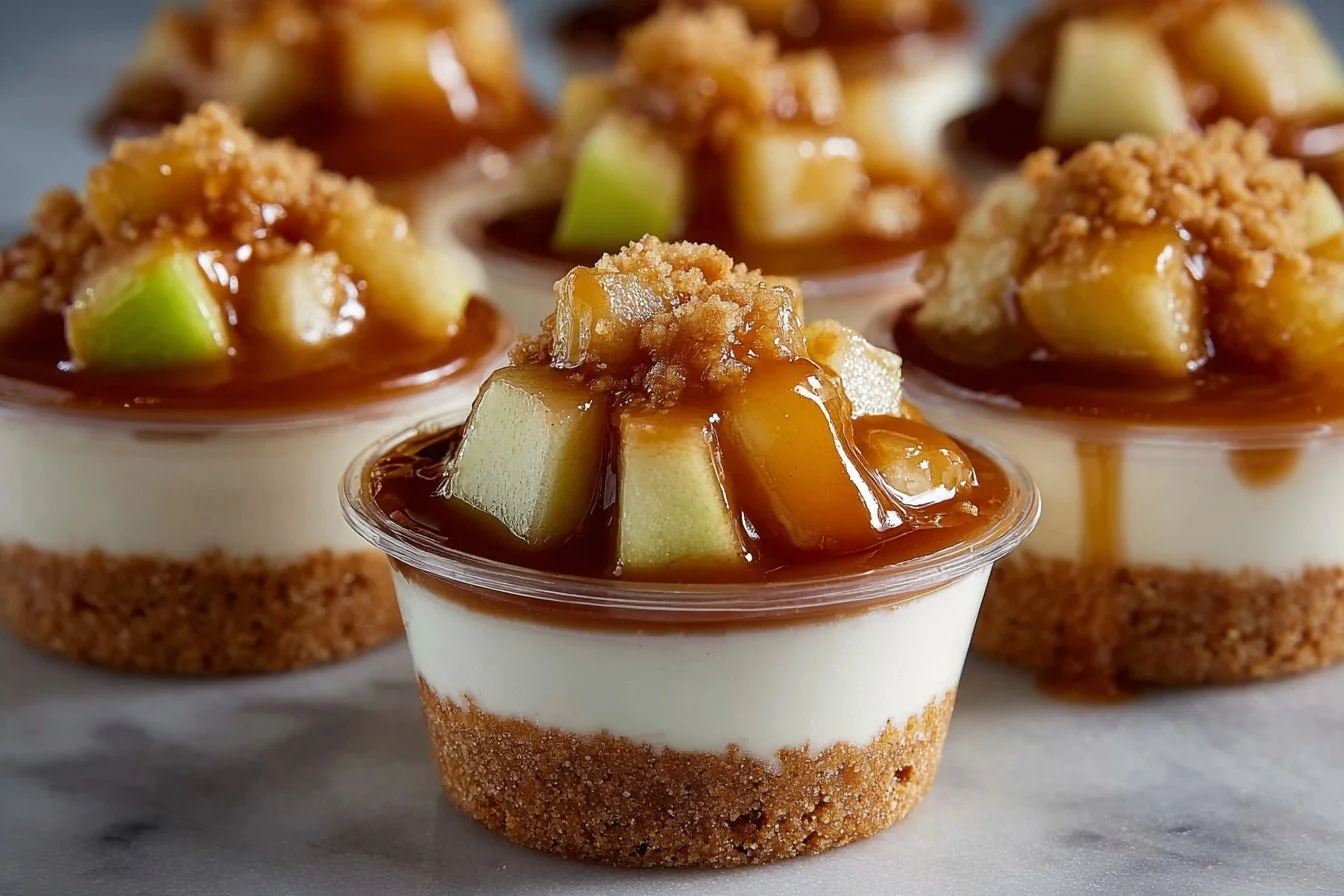Caramel apple dessert cups topped with whipped cream and caramel drizzle