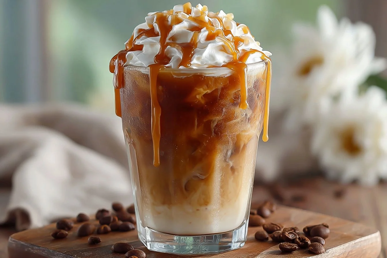 Delicious caramel iced coffee served in a clear glass with ice and whipped cream