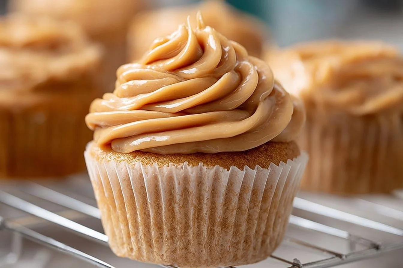 Delicious caramel icing topping on a chocolate cake