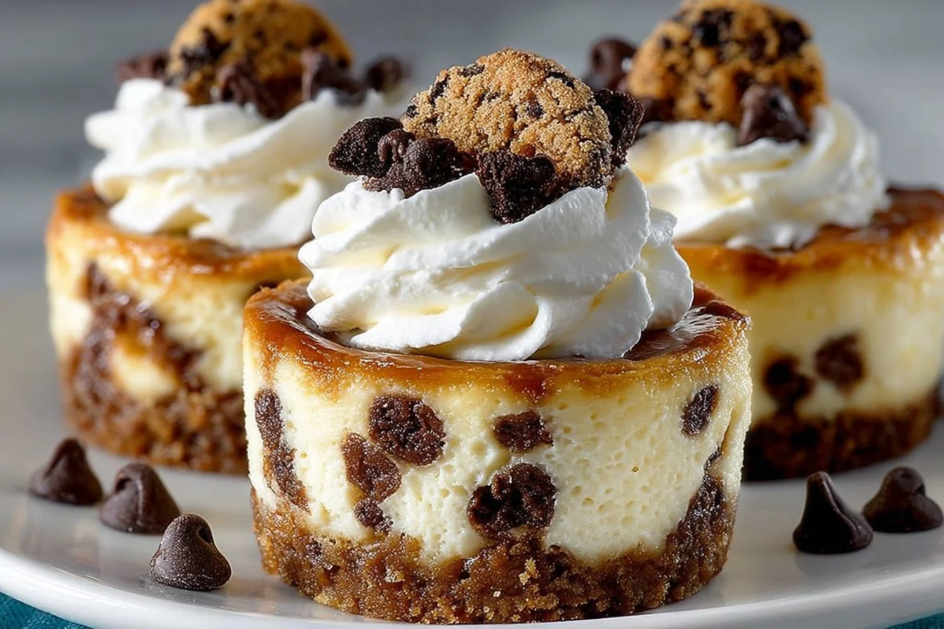 Delicious Chocolate Chip Cookie Cheesecakes topped with chocolate chips