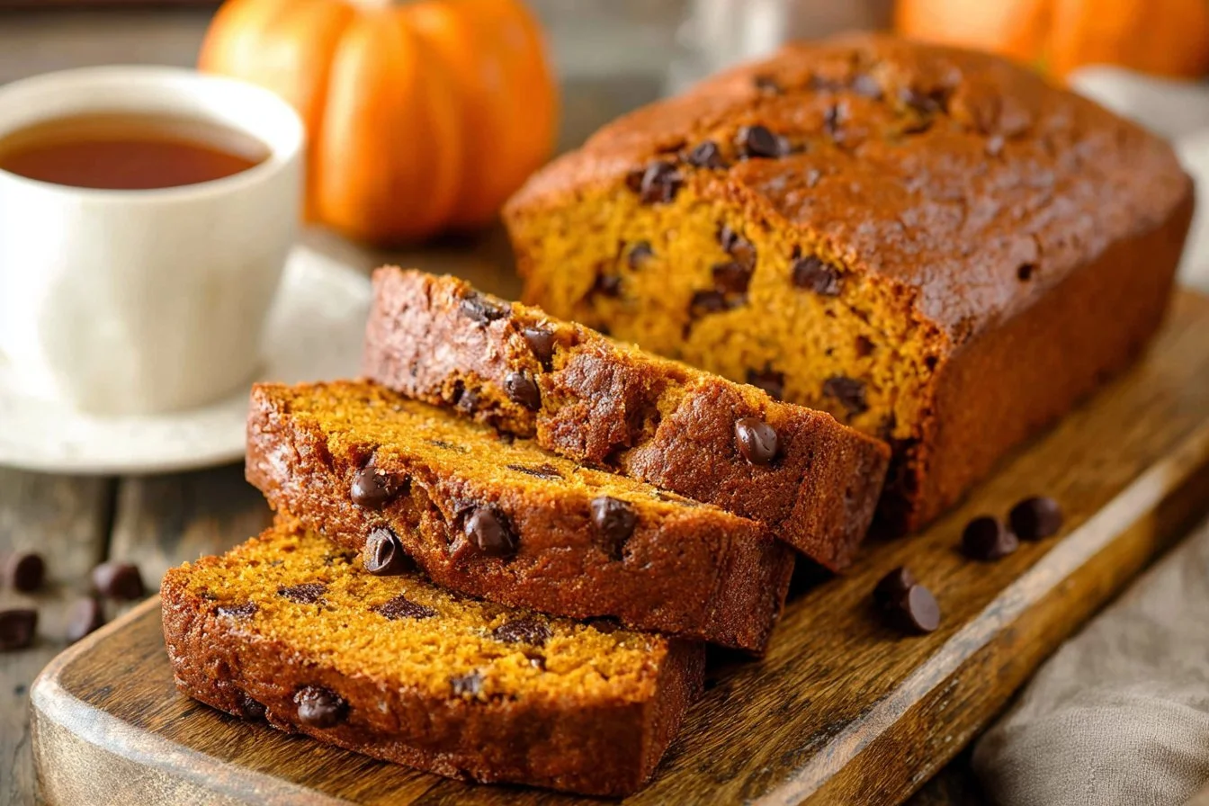 Slice of chocolate chip pumpkin bread on a wooden table.