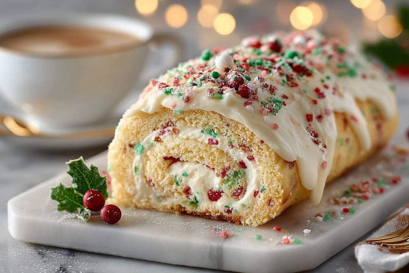 Delicious homemade Christmas Roll on a festive table setting