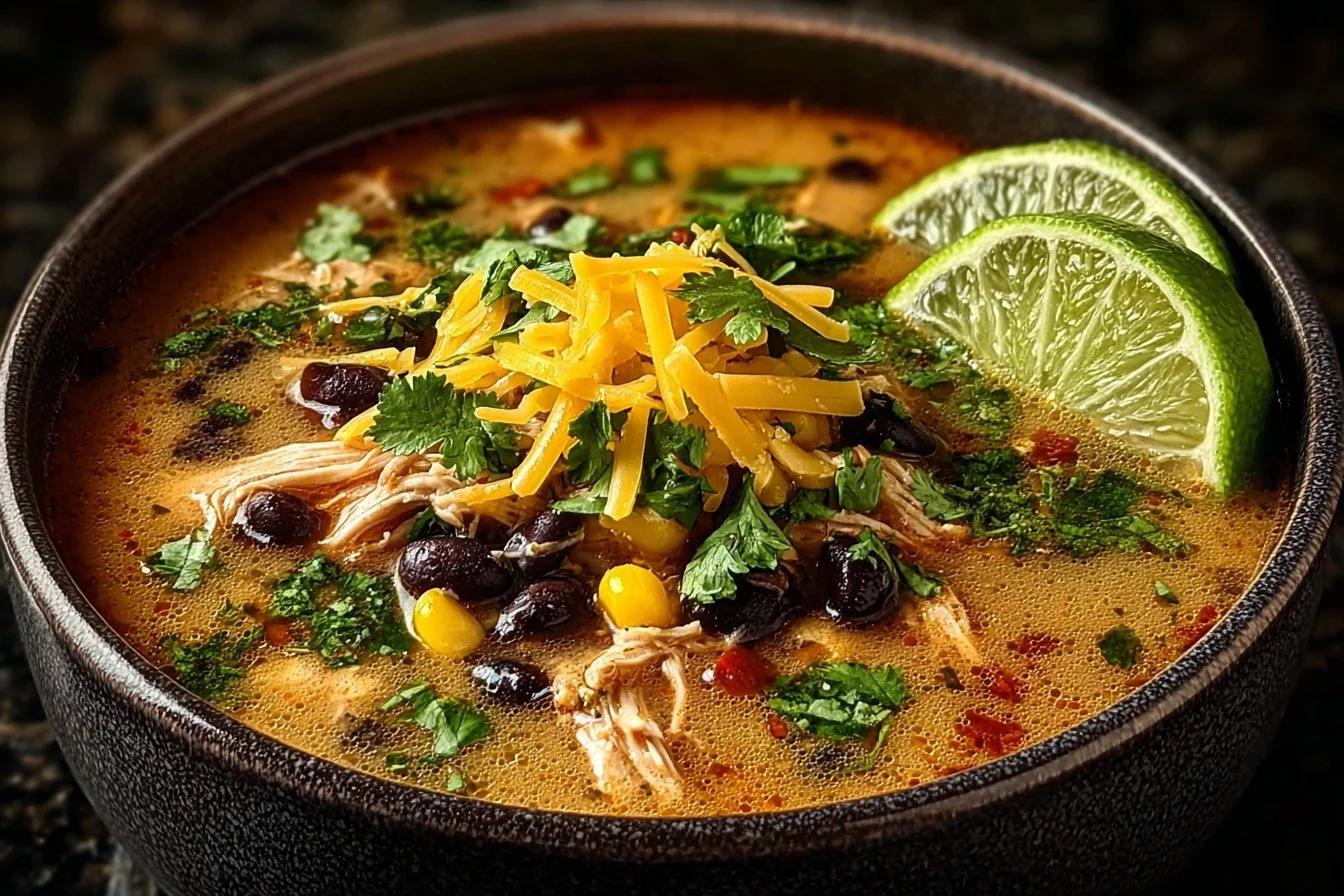 Creamy chicken poblano and black bean soup garnished with fresh herbs.