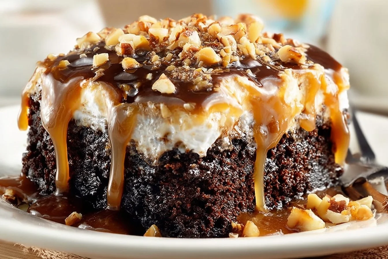 Delicious Crockpot Better Than Sex Cake topped with chocolate and caramel drizzle