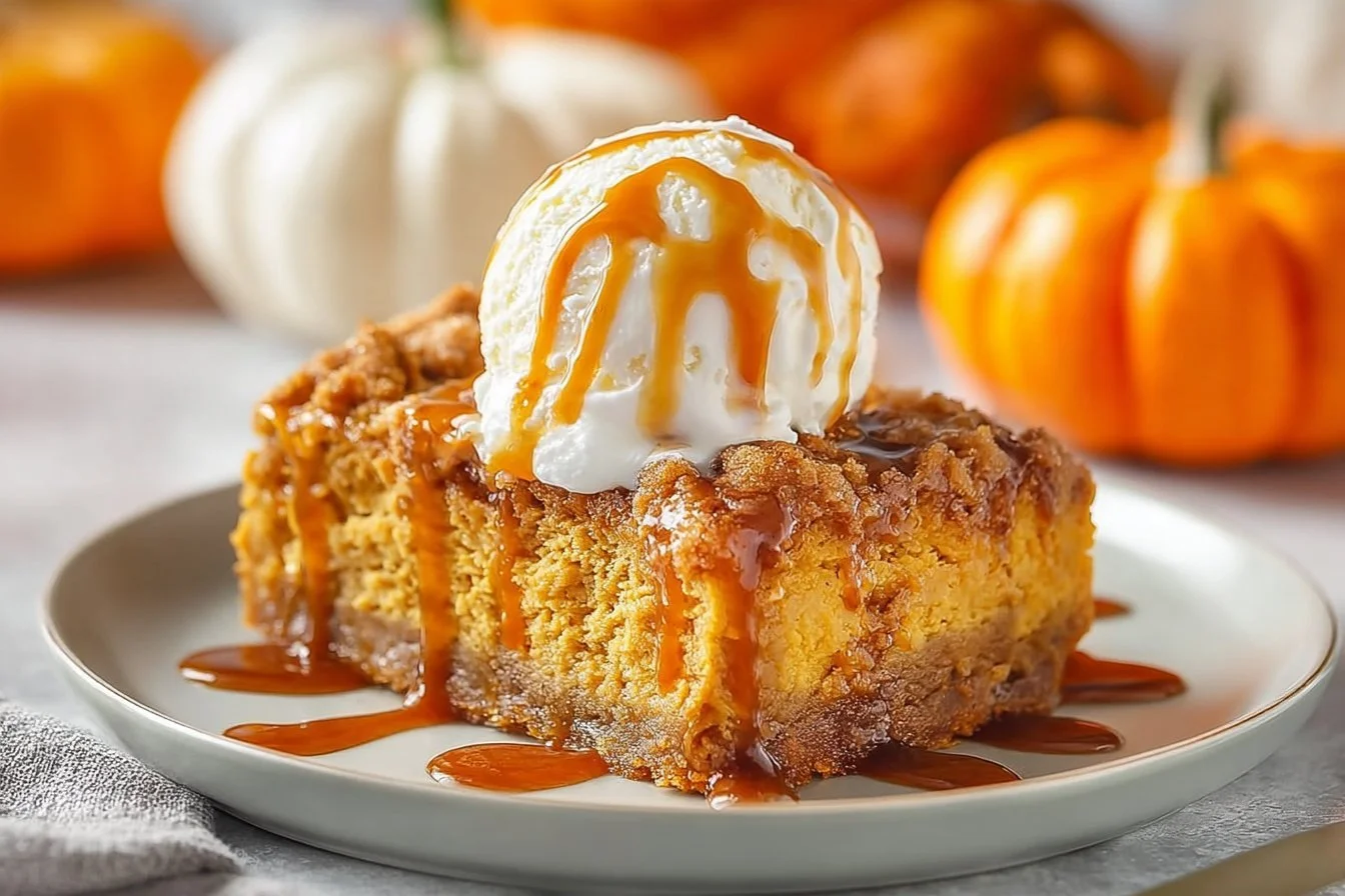 Delicious pumpkin dump cake served in a rustic dish with autumn decorations.
