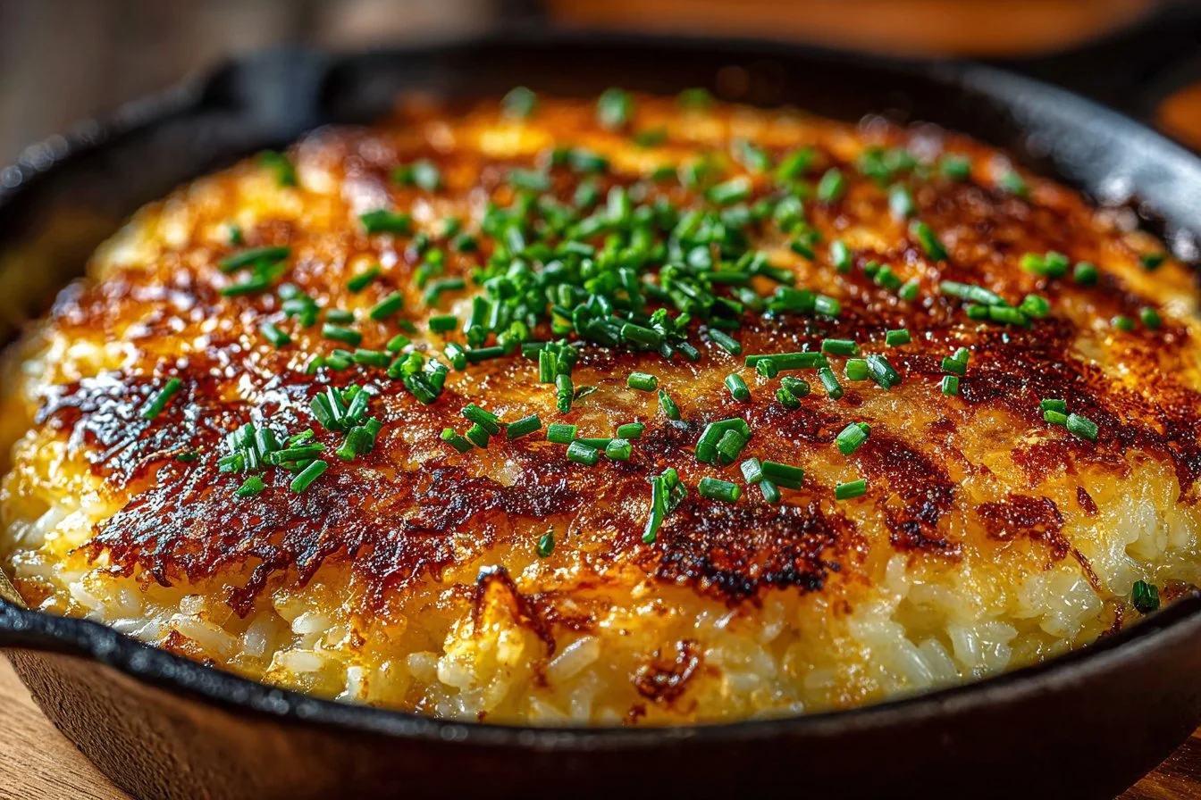A bowl of creamy French Onion Butter Rice topped with herbs and cheese.