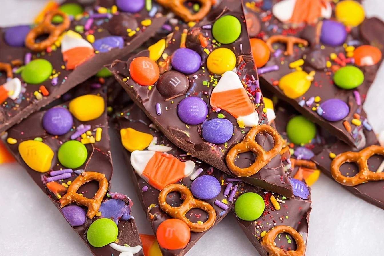 Colorful Halloween Bark with chocolate, sprinkles, and candy for festive treats.