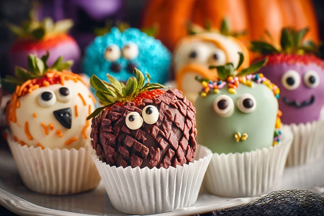 Halloween chocolate covered strawberries decorated with spooky designs