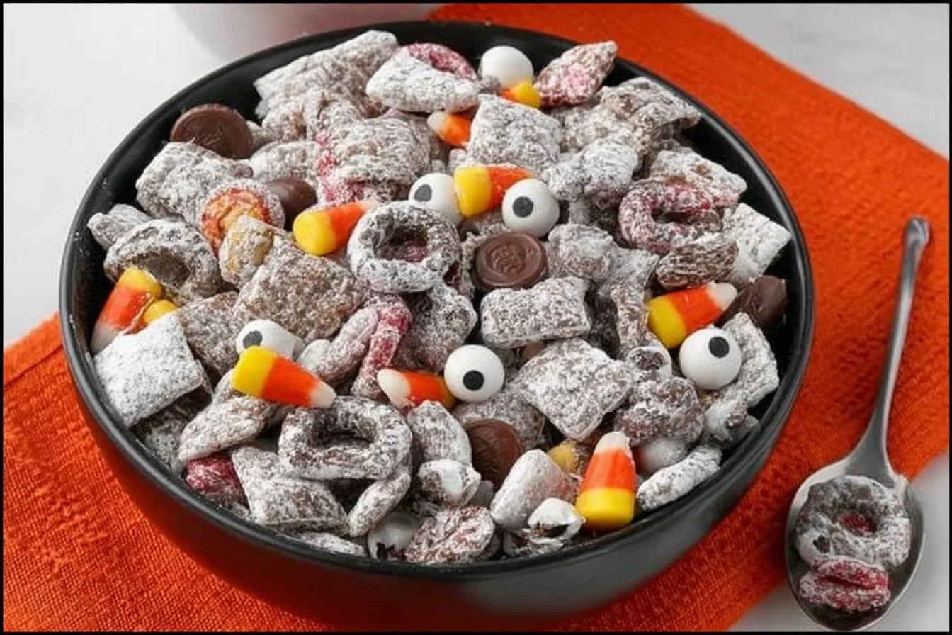 Colorful Halloween Puppy Chow with festive toppings and decorations.