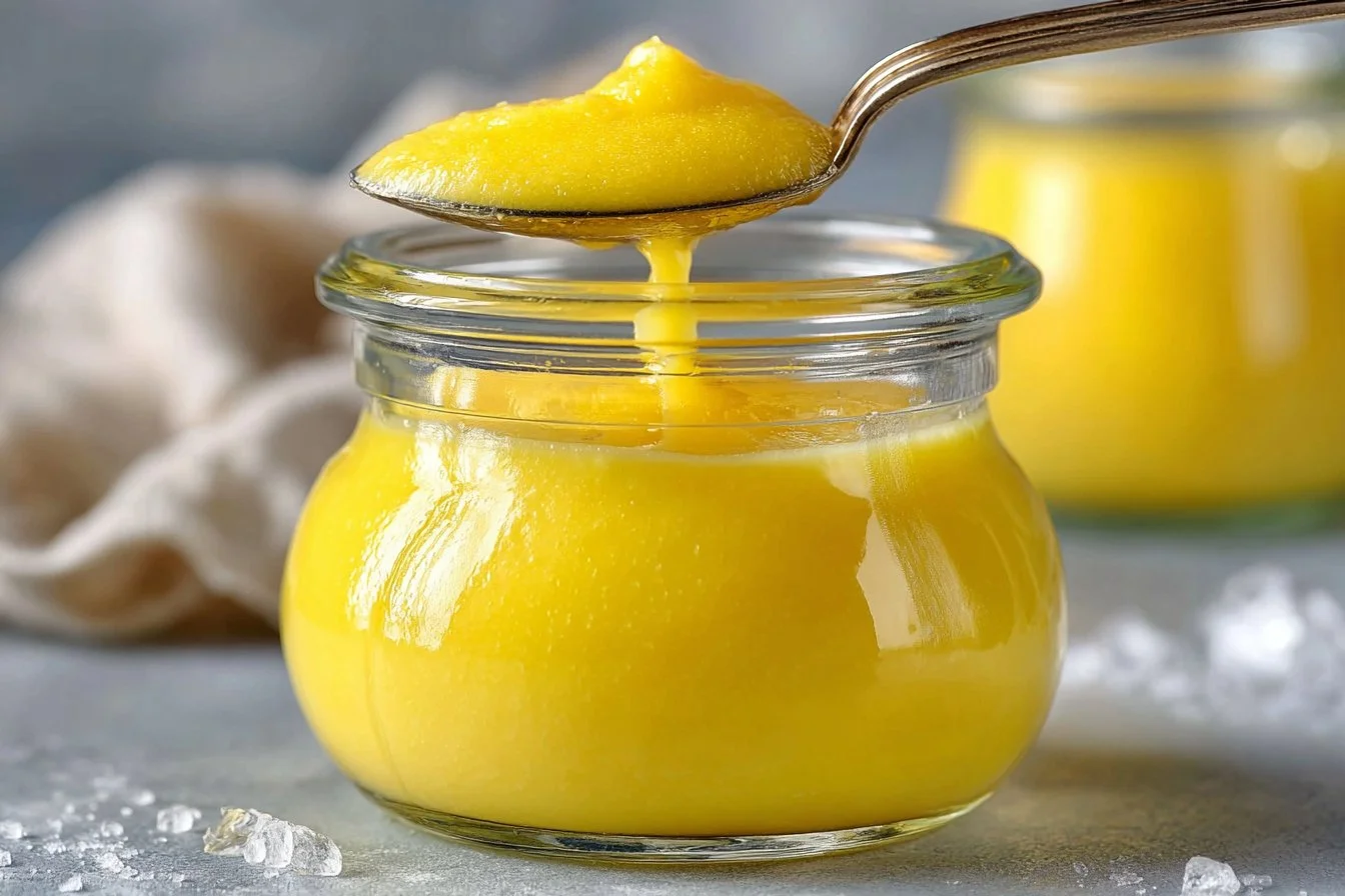 Homemade lemon curd in a jar with fresh lemons