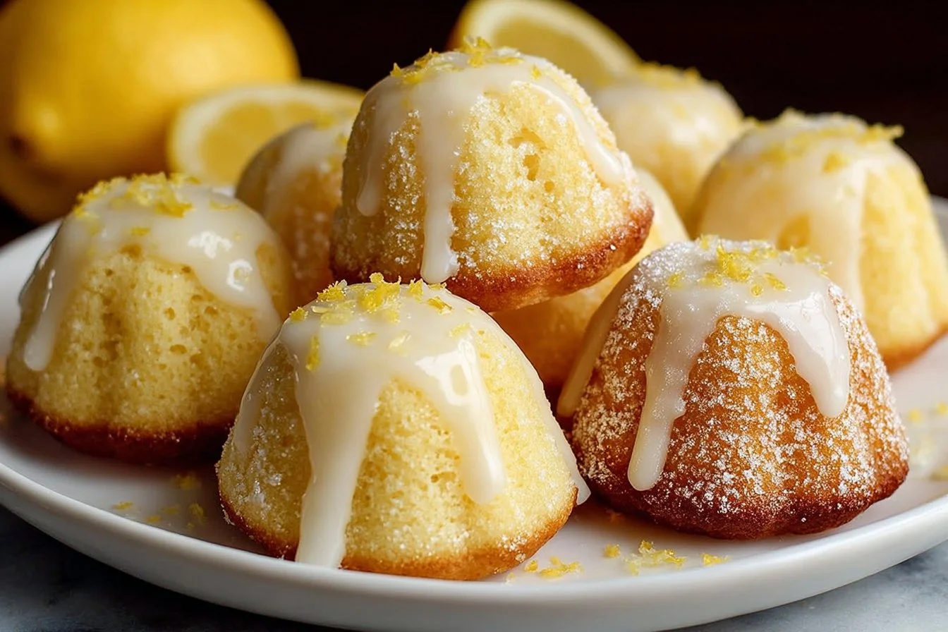 Freshly baked Lemon Drop Cakes decorated with lemon zest and icing.