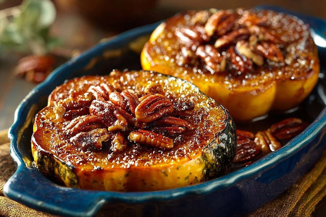 Delicious Maple Pecan Roasted Acorn Squash dish garnished with pecans.