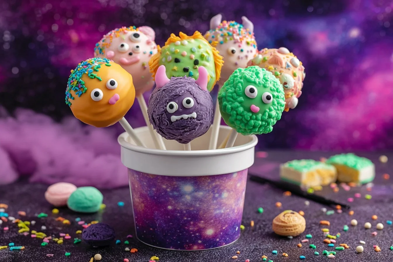 Colorful monster donut hole cake pops arranged for a party