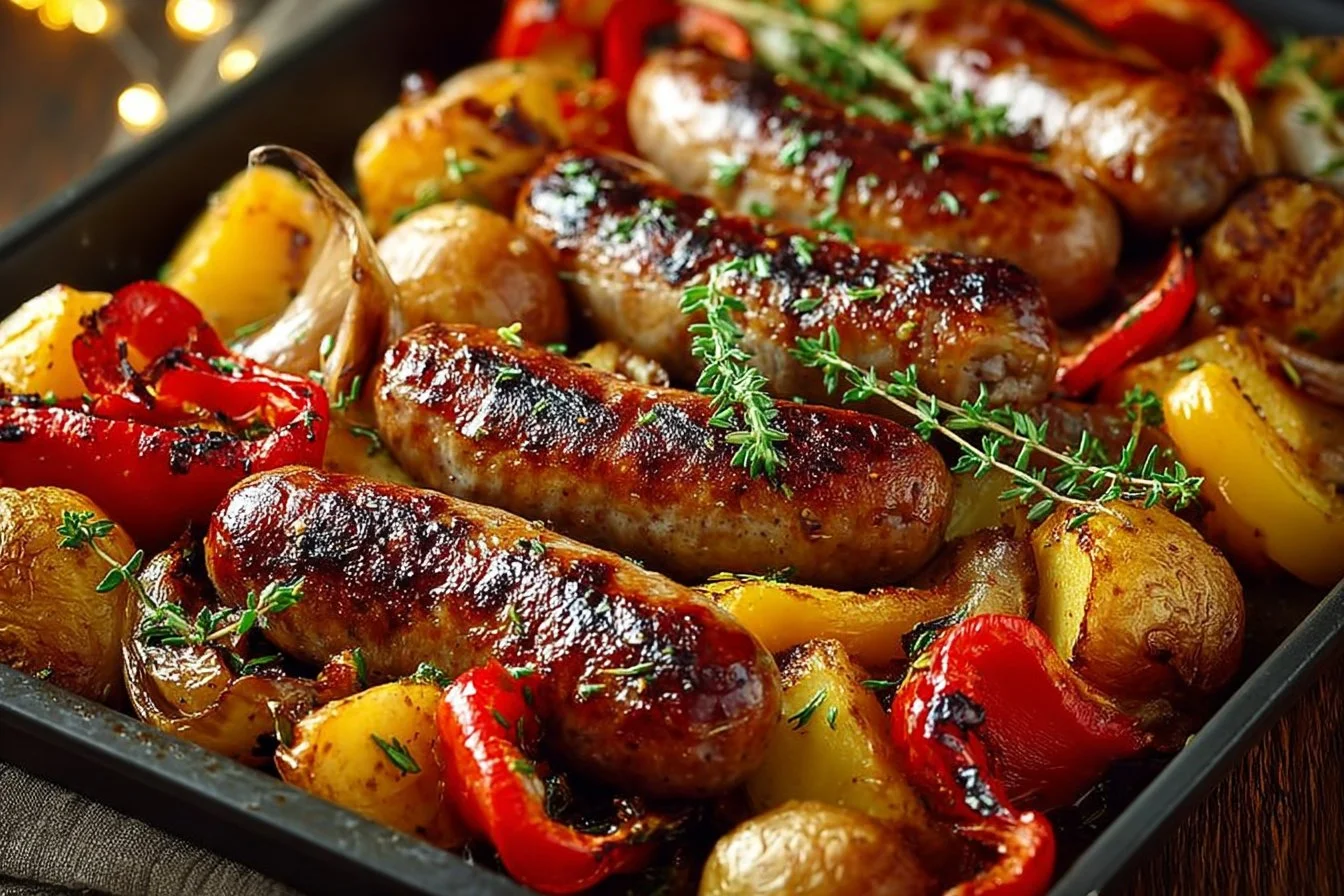 One-pan roasted sausages with peppers and potatoes, delicious and easy meal