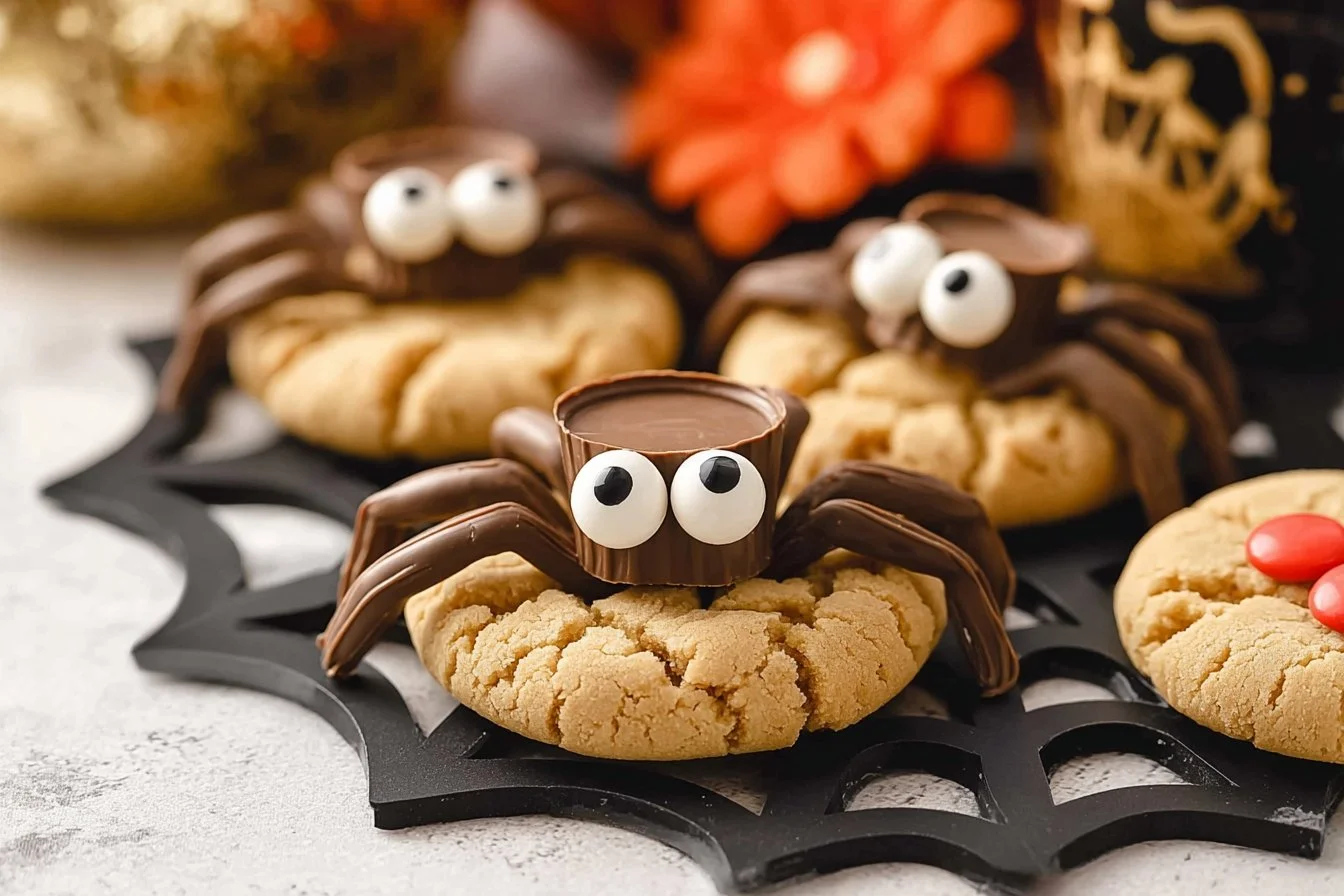 Peanut Butter Spider Cookies decorated with chocolate and candy eyes for Halloween