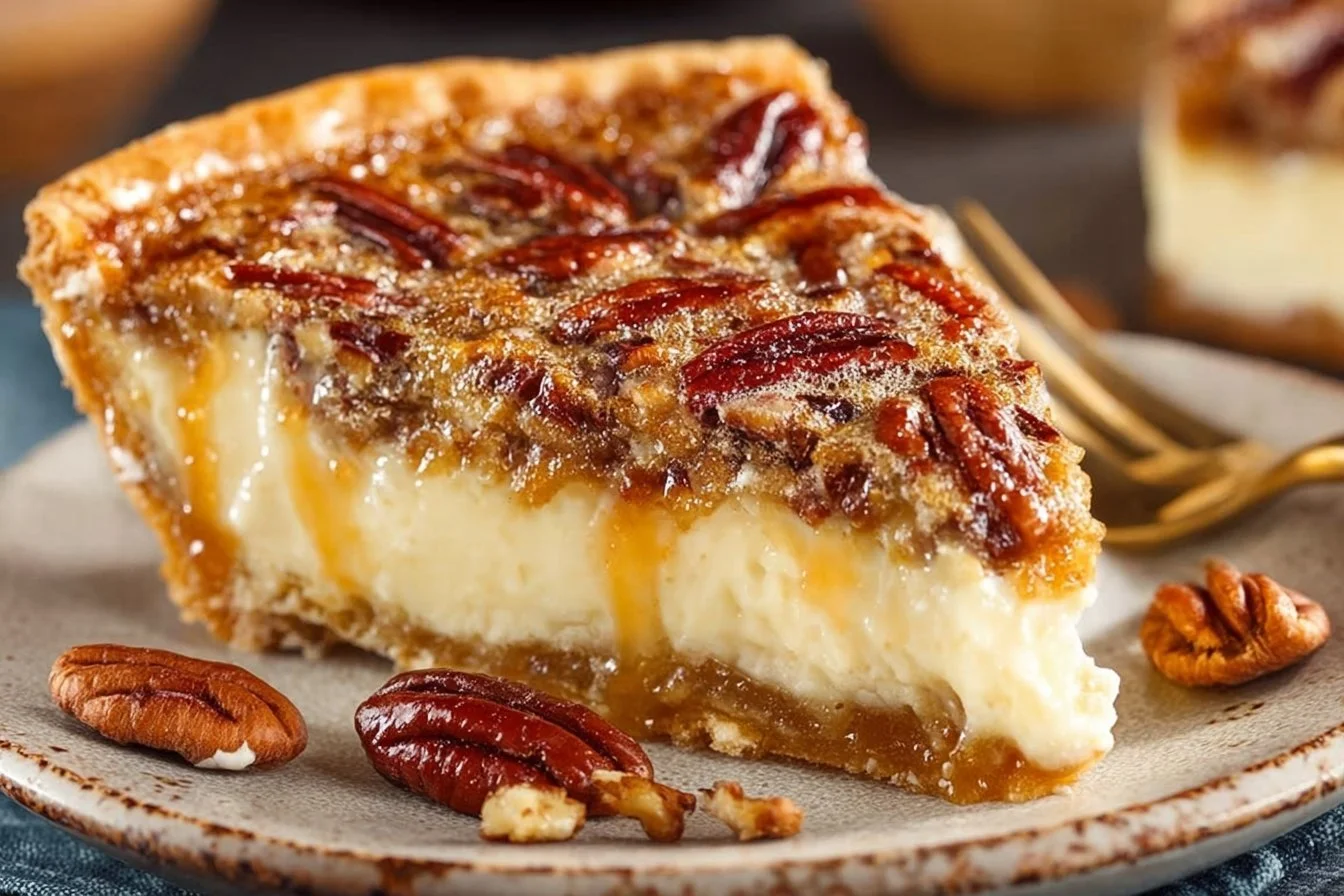 Delicious slice of Pecan Cheesecake Pie on a plate with a fork