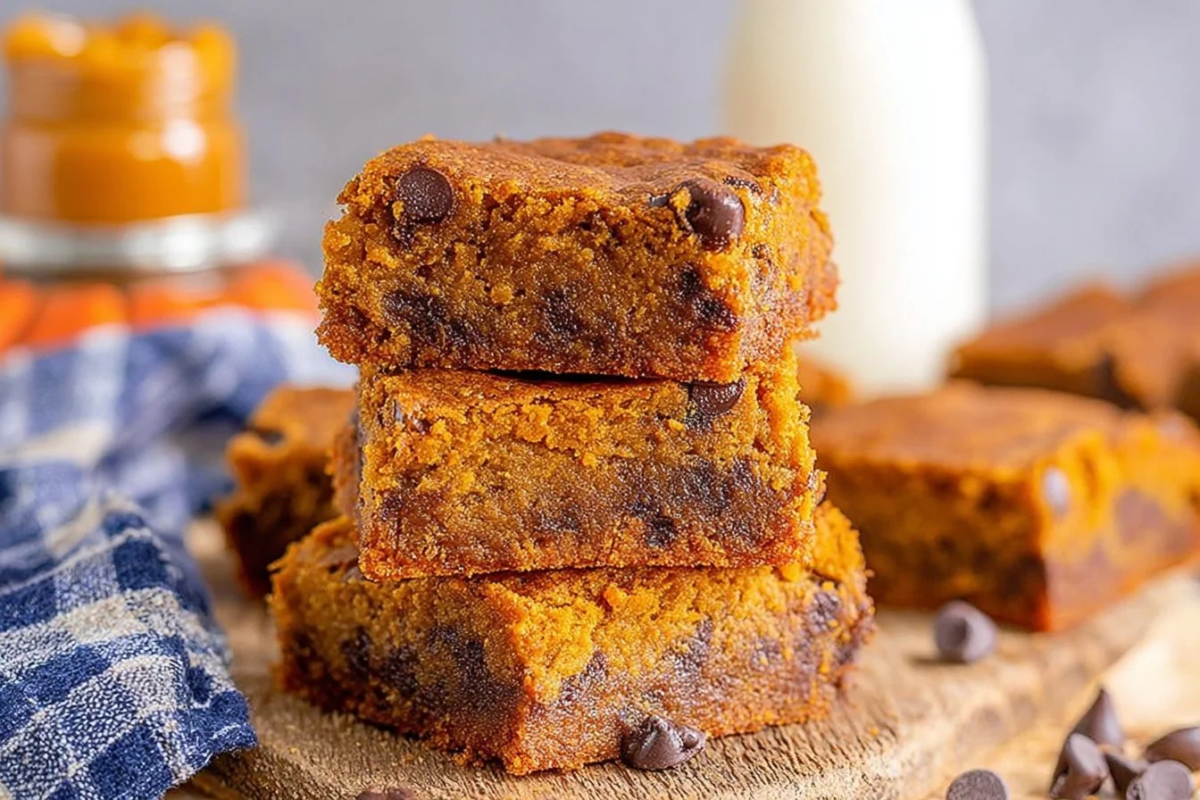 Delicious Pumpkin Blondies fresh out of the oven, topped with a caramel drizzle