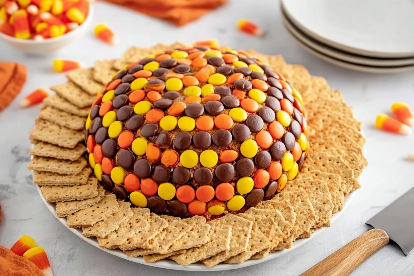 Reese's Pieces Peanut Butter Ball drizzled with chocolate and topped with candy.