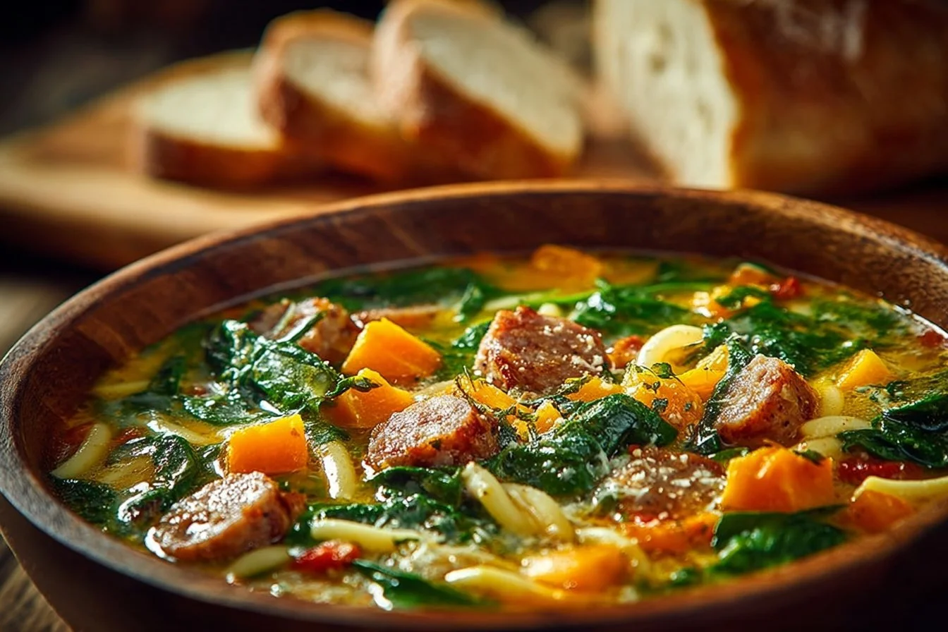 Delicious roasted butternut soup with chicken sausage and spinach in a bowl