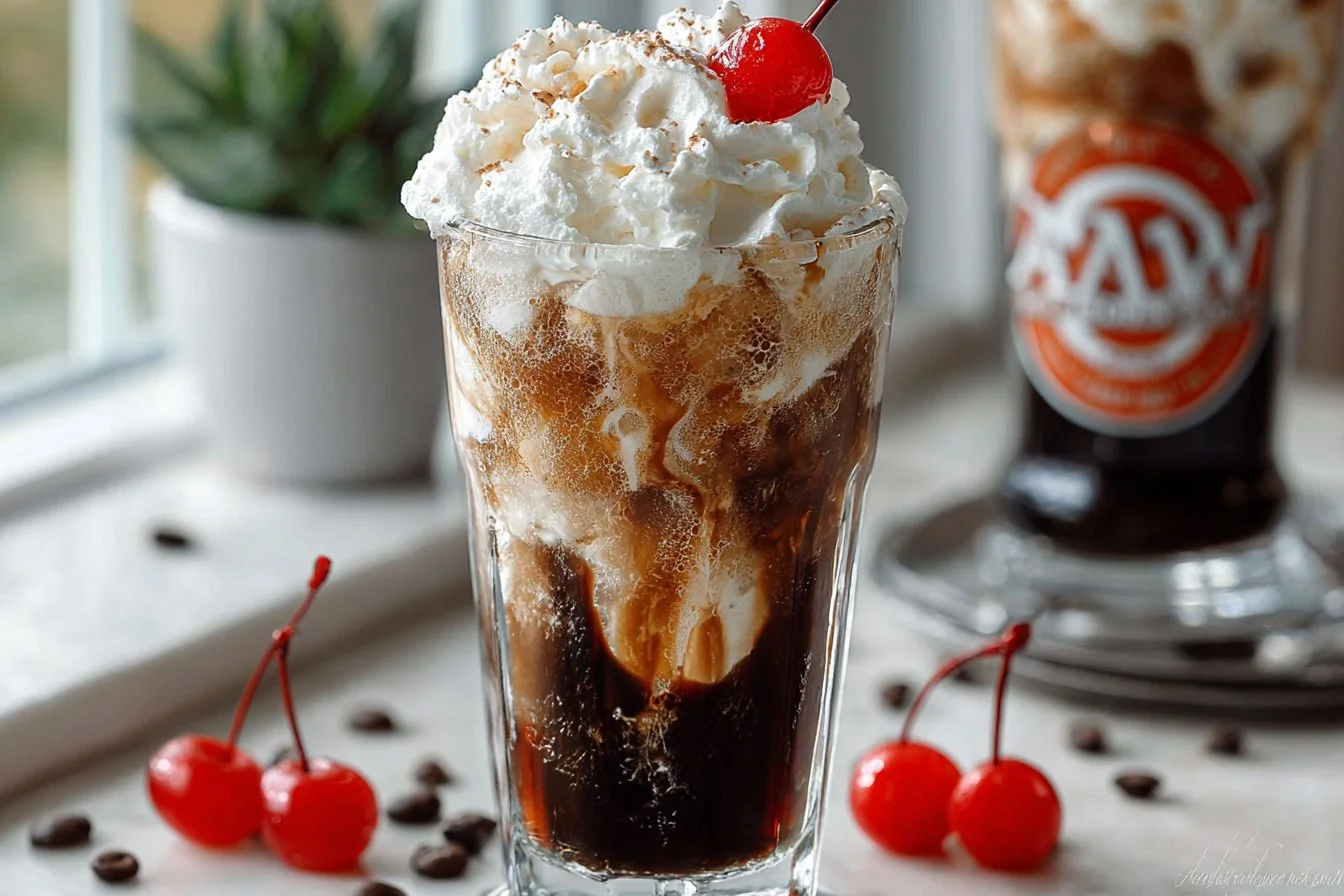 Delicious root beer float topped with vanilla ice cream in a glass
