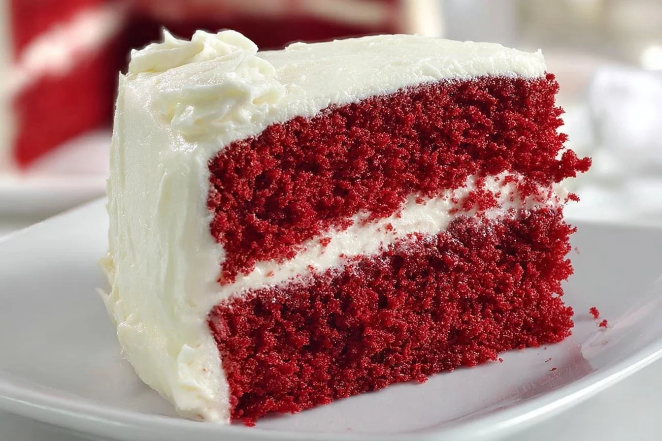 Delicious homemade red velvet cake with cream cheese frosting.